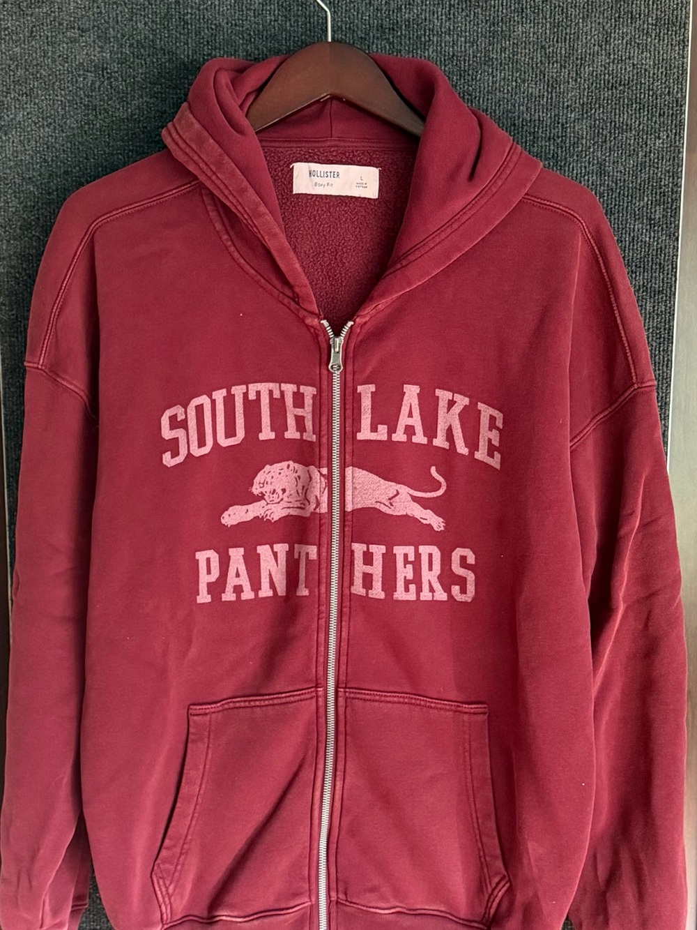 Hollister Maroon Full-Zip Hoodie with Pink Graphic